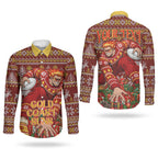 Personalized Gold Coast Suns Football Christmas Couples Matching Summer Maxi Dress and Long Sleeve Button Shirt Australian Football Mascot - Ugly Xmas Pattern Festive