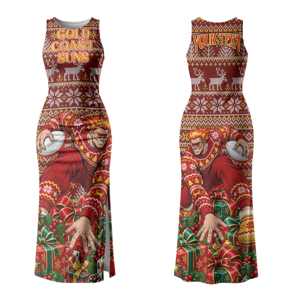 Personalized Gold Coast Suns Football Christmas Couples Matching Tank Maxi Dress and Hawaiian Shirt Australian Football Mascot - Ugly Xmas Pattern Festive