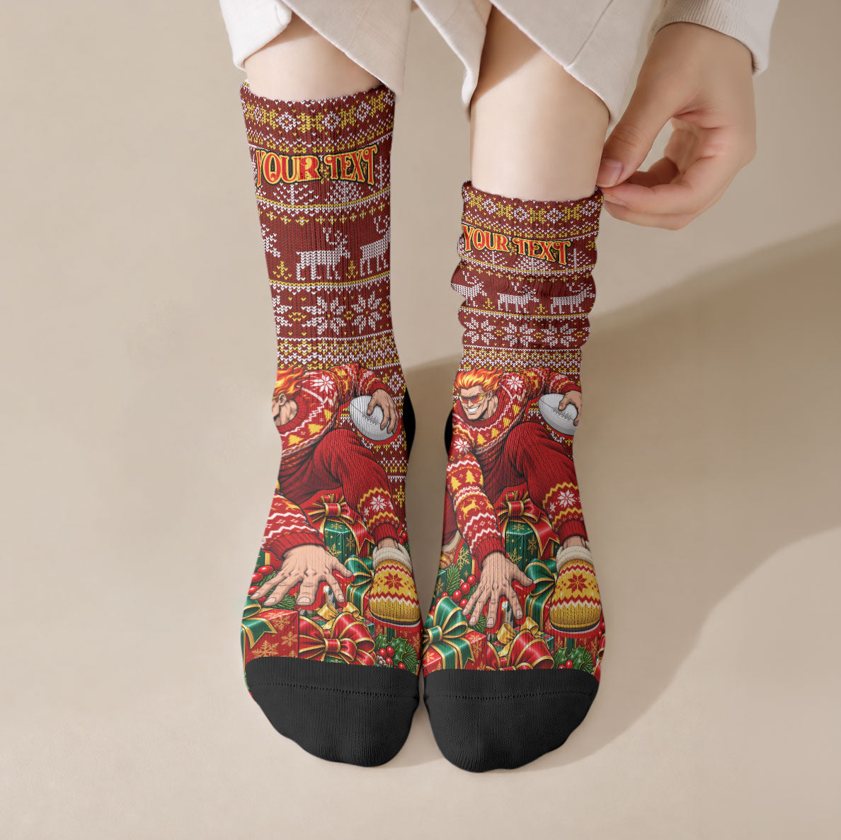 Personalized Gold Coast Suns Football Christmas Crew Socks Australian Football Mascot - Ugly Xmas Pattern Festive