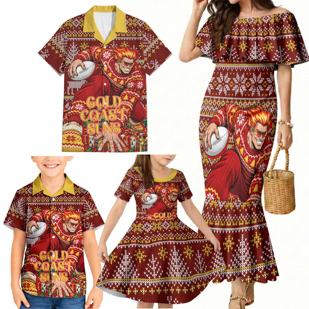 Personalized Gold Coast Suns Football Christmas Family Matching Mermaid Dress and Hawaiian Shirt Australian Football Mascot - Ugly Xmas Pattern Festive