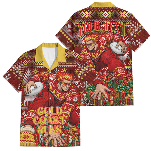 Personalized Gold Coast Suns Football Christmas Family Matching Off The Shoulder Long Sleeve Dress and Hawaiian Shirt Australian Football Mascot - Ugly Xmas Pattern Festive