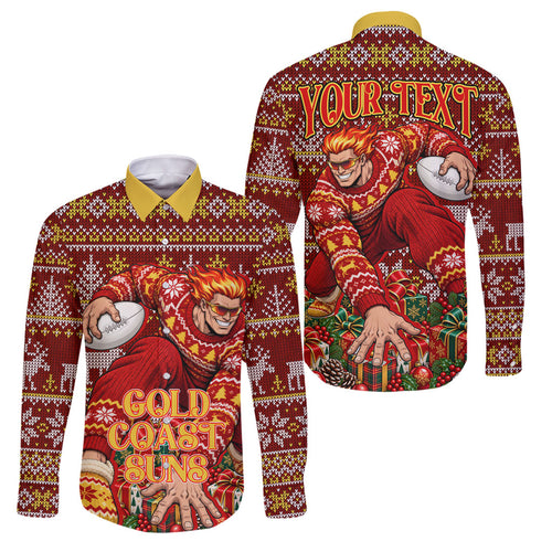 Personalized Gold Coast Suns Football Christmas Family Matching Off The Shoulder Long Sleeve Dress and Hawaiian Shirt Australian Football Mascot - Ugly Xmas Pattern Festive