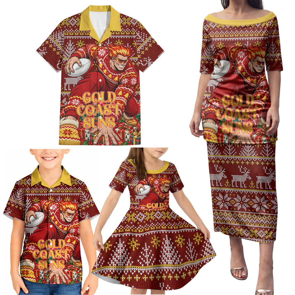 Personalized Gold Coast Suns Football Christmas Family Matching Puletasi and Hawaiian Shirt Australian Football Mascot - Ugly Xmas Pattern Festive