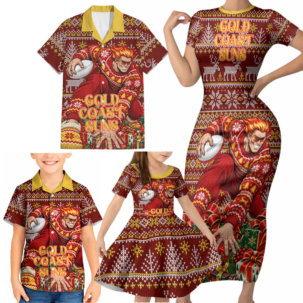 Personalized Gold Coast Suns Football Christmas Family Matching Short Sleeve Bodycon Dress and Hawaiian Shirt Australian Football Mascot - Ugly Xmas Pattern Festive