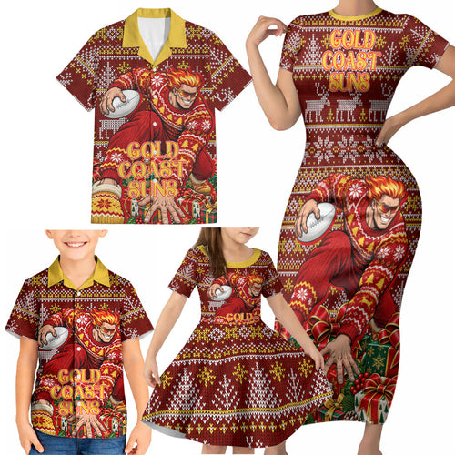 Personalized Gold Coast Suns Football Christmas Family Matching Short Sleeve Bodycon Dress and Hawaiian Shirt Australian Football Mascot - Ugly Xmas Pattern Festive