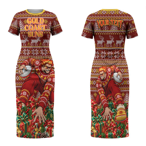 Personalized Gold Coast Suns Football Christmas Family Matching Short Sleeve Bodycon Dress and Hawaiian Shirt Australian Football Mascot - Ugly Xmas Pattern Festive