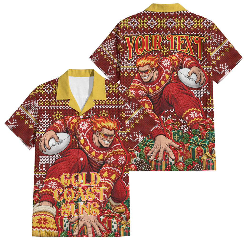 Personalized Gold Coast Suns Football Christmas Family Matching Short Sleeve Bodycon Dress and Hawaiian Shirt Australian Football Mascot - Ugly Xmas Pattern Festive