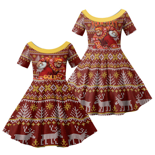 Personalized Gold Coast Suns Football Christmas Family Matching Short Sleeve Bodycon Dress and Hawaiian Shirt Australian Football Mascot - Ugly Xmas Pattern Festive