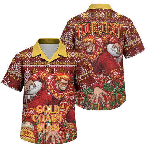 Personalized Gold Coast Suns Football Christmas Family Matching Short Sleeve Bodycon Dress and Hawaiian Shirt Australian Football Mascot - Ugly Xmas Pattern Festive