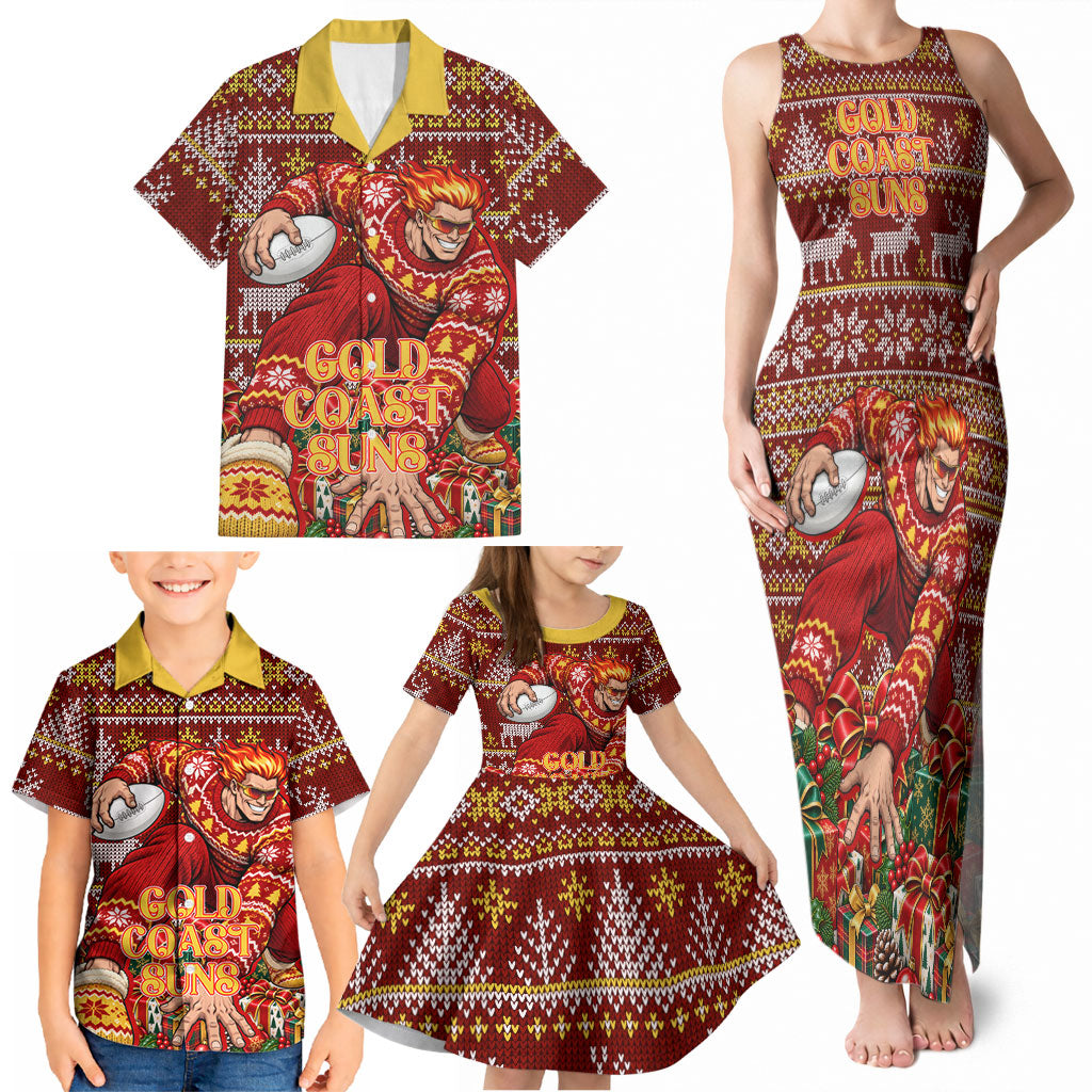 Personalized Gold Coast Suns Football Christmas Family Matching Tank Maxi Dress and Hawaiian Shirt Australian Football Mascot - Ugly Xmas Pattern Festive