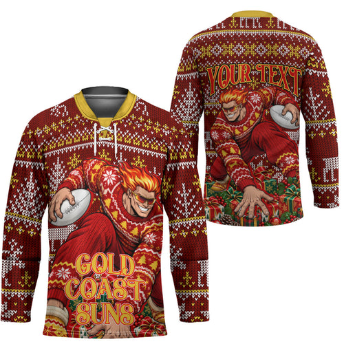 Personalized Gold Coast Suns Football Christmas Hockey Jersey Australian Football Mascot - Ugly Xmas Pattern Festive