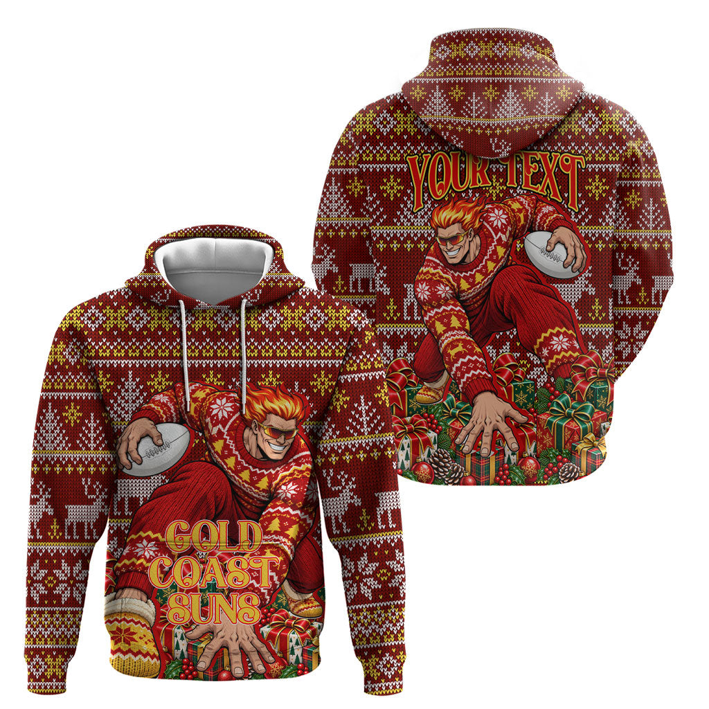 Personalized Gold Coast Suns Football Christmas Hoodie Australian Football Mascot - Ugly Xmas Pattern Festive