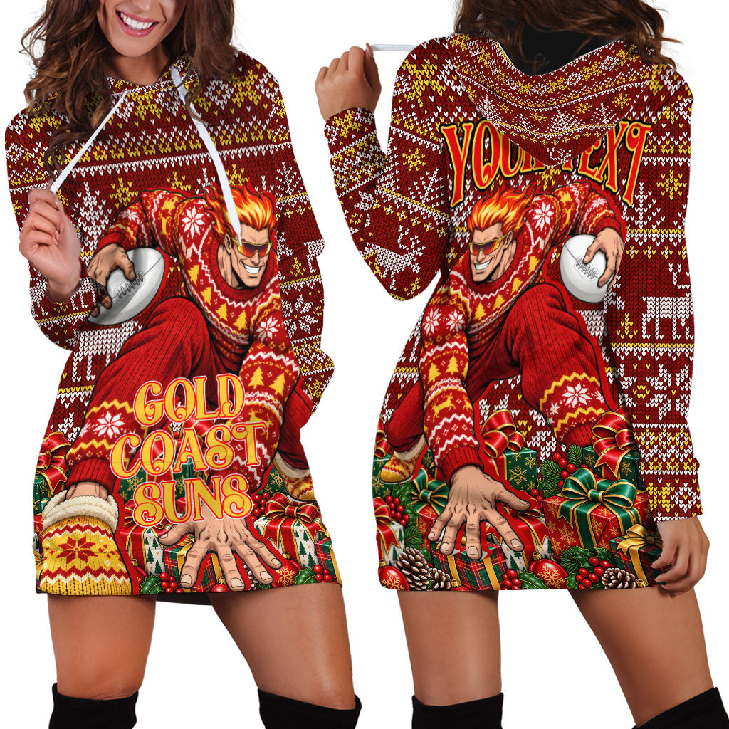 Personalized Gold Coast Suns Football Christmas Hoodie Dress Australian Football Mascot - Ugly Xmas Pattern Festive
