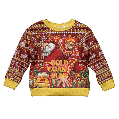 Personalized Gold Coast Suns Football Christmas Kid Ugly Christmas Sweater Australian Football Mascot - Ugly Xmas Pattern Festive