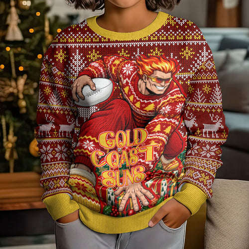 Personalized Gold Coast Suns Football Christmas Kid Ugly Christmas Sweater Australian Football Mascot - Ugly Xmas Pattern Festive
