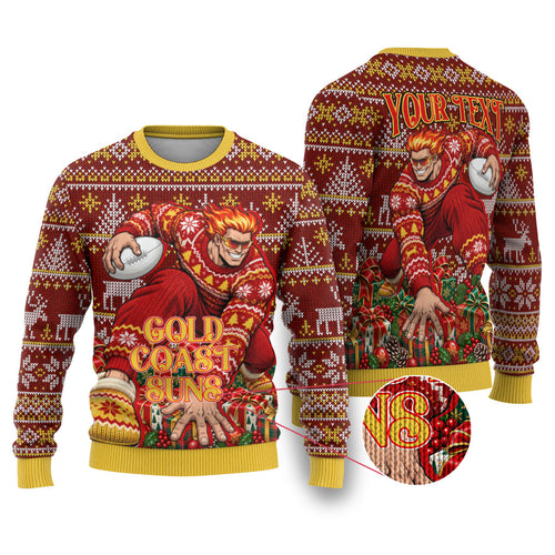 Personalized Gold Coast Suns Football Christmas Ugly Christmas Sweater Australian Football Mascot - Ugly Xmas Pattern Festive
