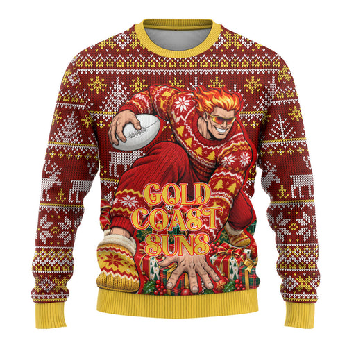 Personalized Gold Coast Suns Football Christmas Ugly Christmas Sweater Australian Football Mascot - Ugly Xmas Pattern Festive