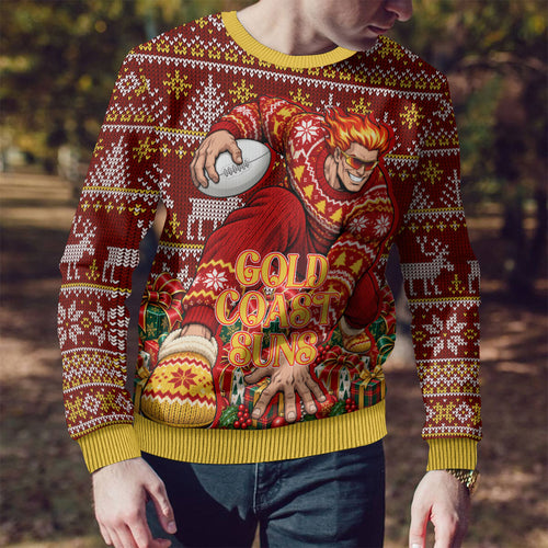 Personalized Gold Coast Suns Football Christmas Ugly Christmas Sweater Australian Football Mascot - Ugly Xmas Pattern Festive