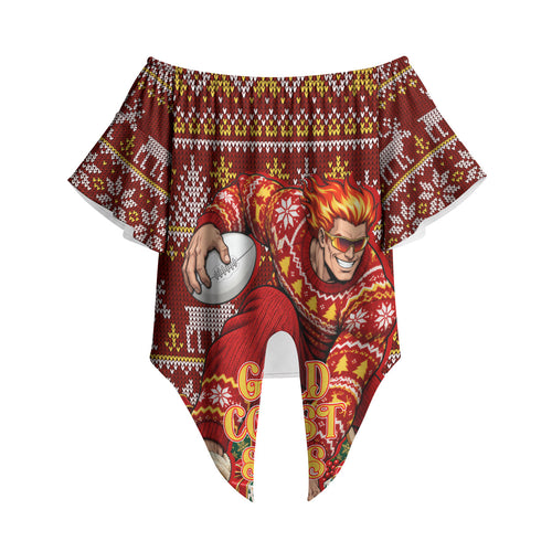 Personalized Gold Coast Suns Football Christmas Off Shoulder Wrap Waist Top Australian Football Mascot - Ugly Xmas Pattern Festive