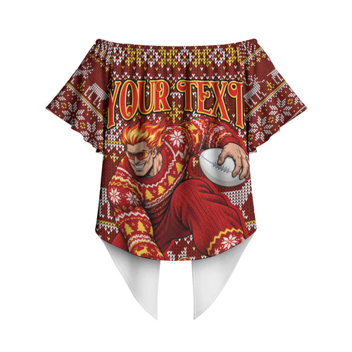 Personalized Gold Coast Suns Football Christmas Off Shoulder Wrap Waist Top Australian Football Mascot - Ugly Xmas Pattern Festive