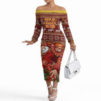Personalized Gold Coast Suns Football Christmas Off The Shoulder Long Sleeve Dress Australian Football Mascot - Ugly Xmas Pattern Festive