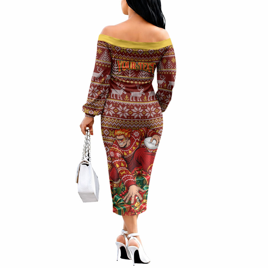 Personalized Gold Coast Suns Football Christmas Off The Shoulder Long Sleeve Dress Australian Football Mascot - Ugly Xmas Pattern Festive