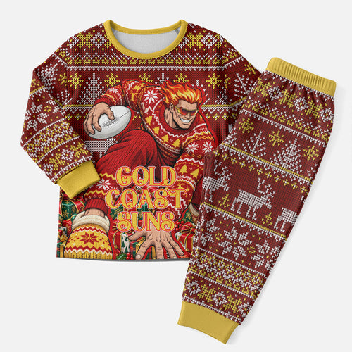 Personalized Gold Coast Suns Football Christmas Pajama Set Australian Football Mascot - Ugly Xmas Pattern Festive