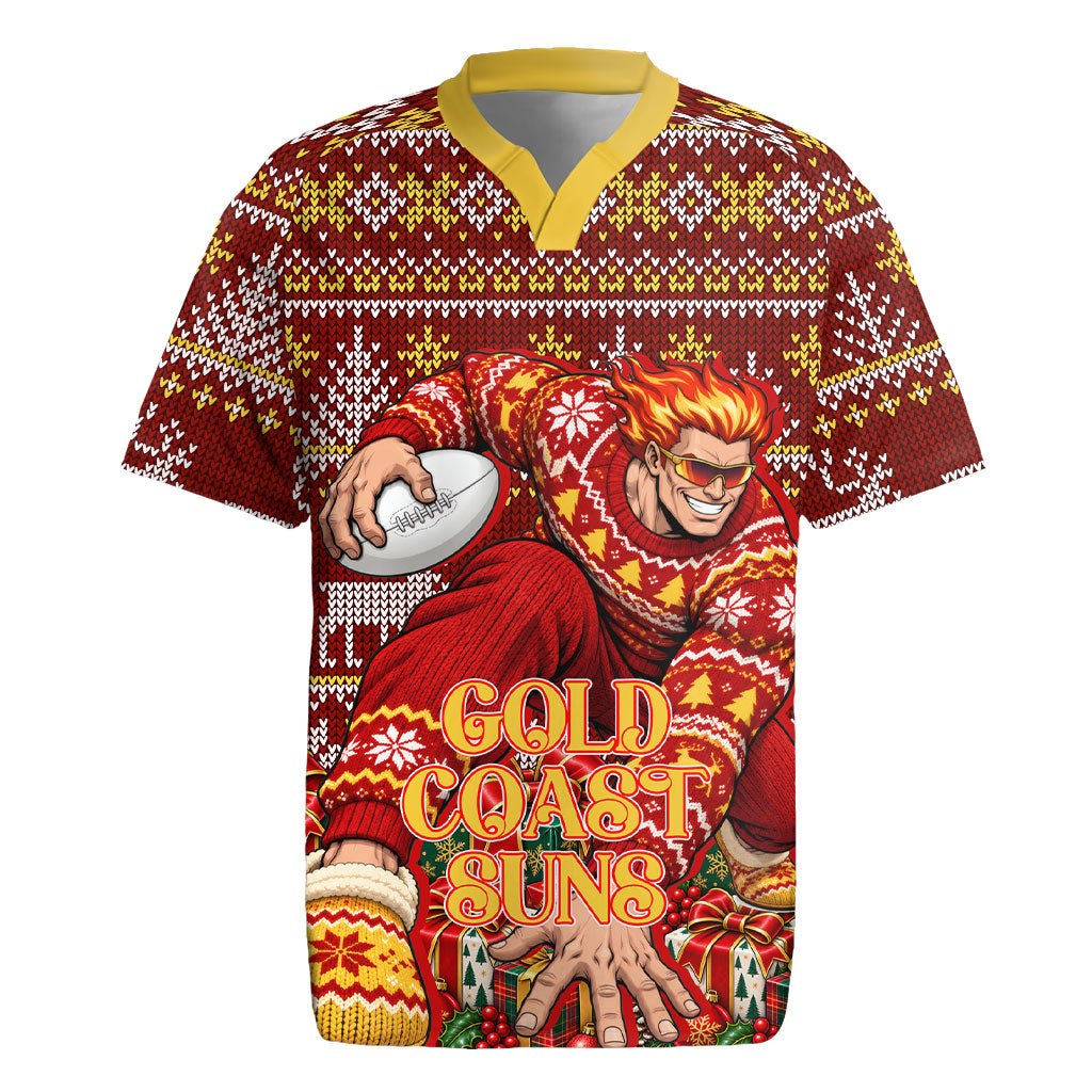 Personalized Gold Coast Suns Football Christmas Rugby Jersey Australian Football Mascot - Ugly Xmas Pattern Festive
