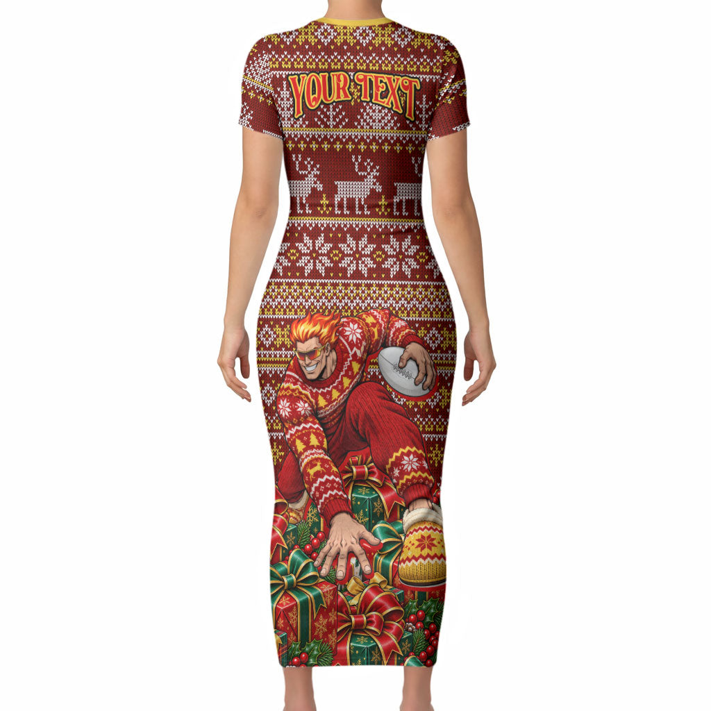 Personalized Gold Coast Suns Football Christmas Short Sleeve Bodycon Dress Australian Football Mascot - Ugly Xmas Pattern Festive