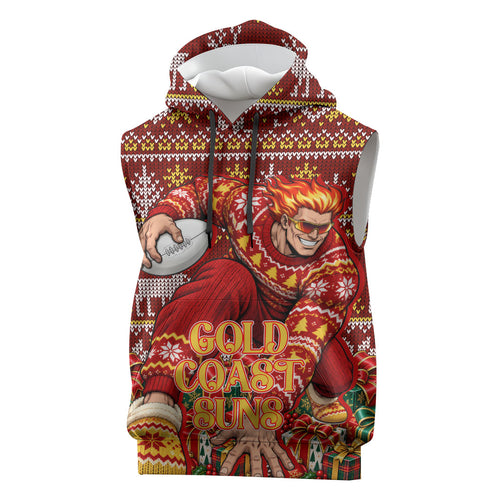 Personalized Gold Coast Suns Football Christmas Sleeveless Hoodie Australian Football Mascot - Ugly Xmas Pattern Festive