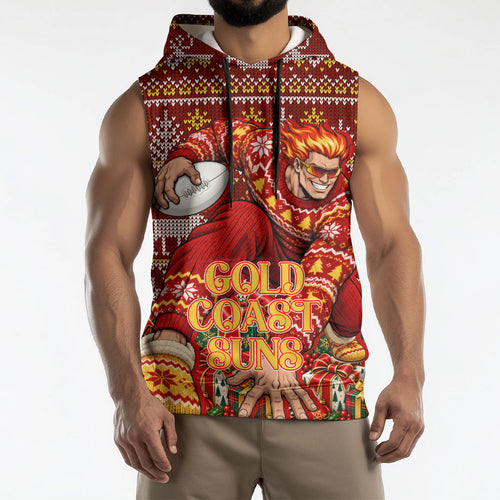 Personalized Gold Coast Suns Football Christmas Sleeveless Hoodie Australian Football Mascot - Ugly Xmas Pattern Festive