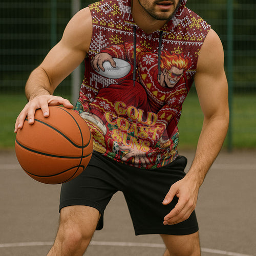 Personalized Gold Coast Suns Football Christmas Sleeveless Hoodie Australian Football Mascot - Ugly Xmas Pattern Festive