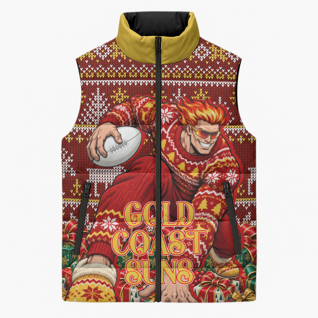 Personalized Gold Coast Suns Football Christmas Sleeveless Puffer Jacket Australian Football Mascot - Ugly Xmas Pattern Festive