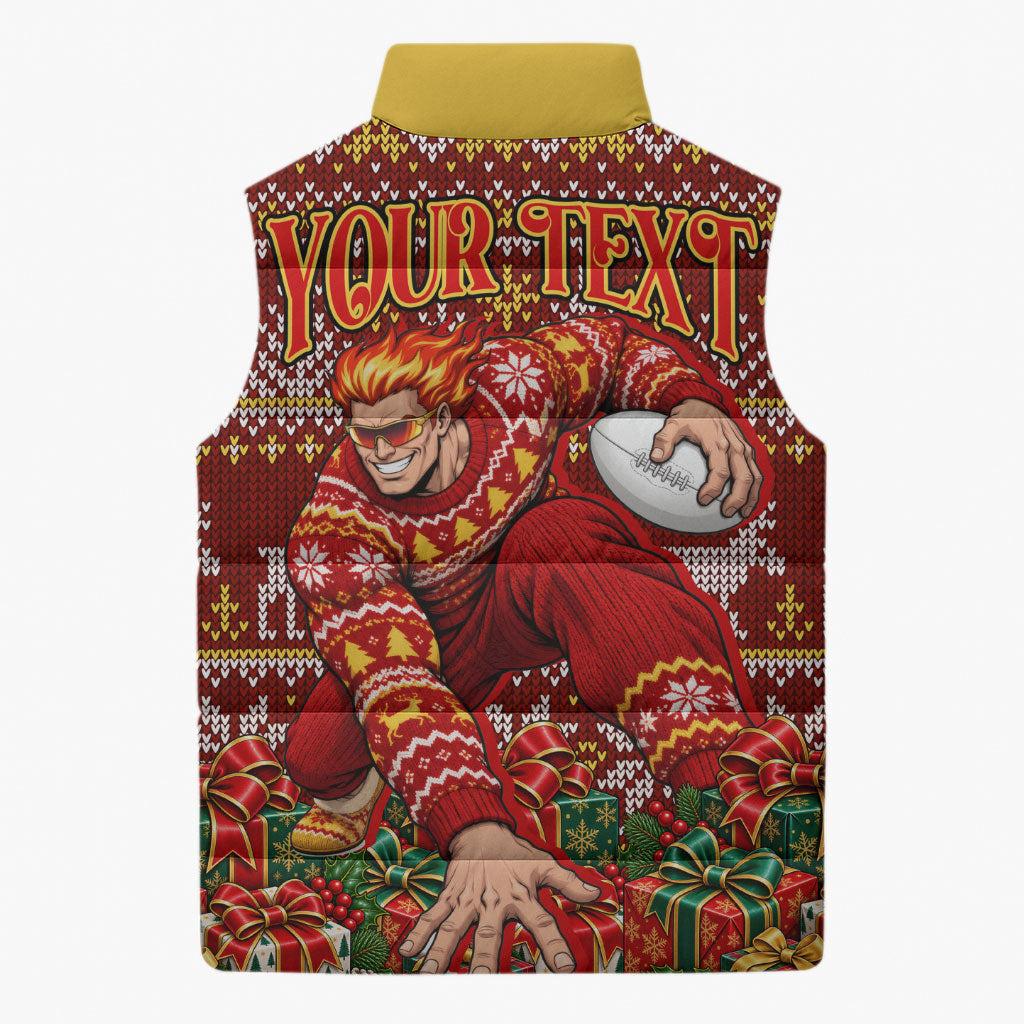Personalized Gold Coast Suns Football Christmas Sleeveless Puffer Jacket Australian Football Mascot - Ugly Xmas Pattern Festive