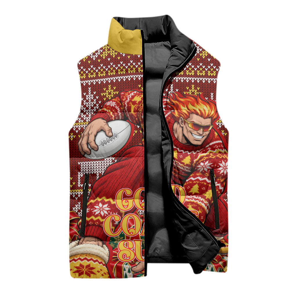 Personalized Gold Coast Suns Football Christmas Sleeveless Puffer Jacket Australian Football Mascot - Ugly Xmas Pattern Festive