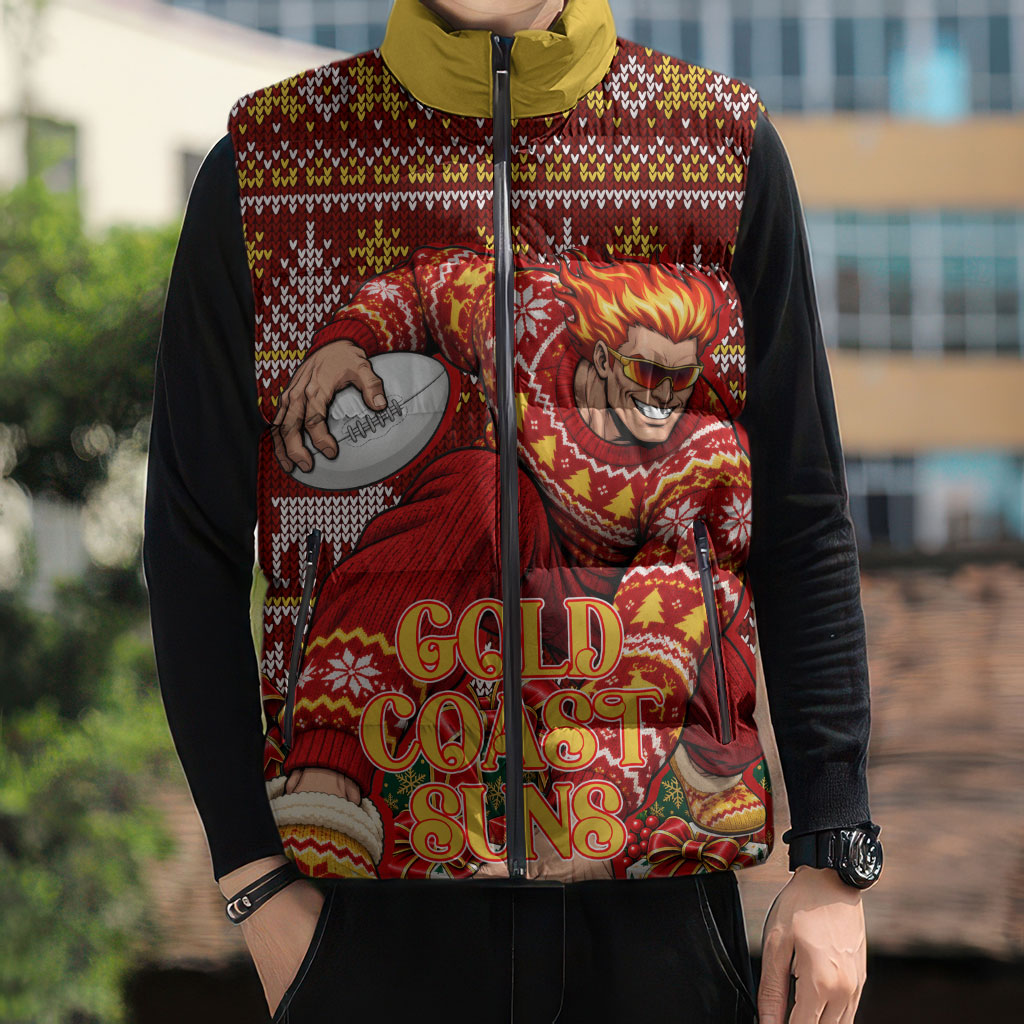 Personalized Gold Coast Suns Football Christmas Sleeveless Puffer Jacket Australian Football Mascot - Ugly Xmas Pattern Festive