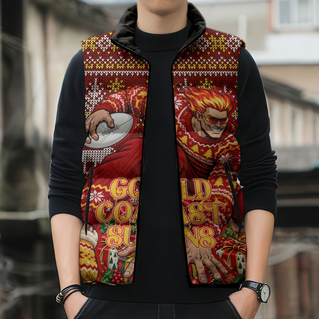 Personalized Gold Coast Suns Football Christmas Sleeveless Puffer Jacket Australian Football Mascot - Ugly Xmas Pattern Festive