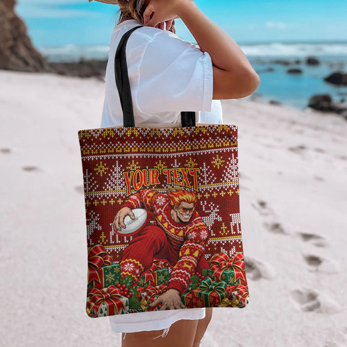 Personalized Gold Coast Suns Football Christmas Tote Bag Australian Football Mascot - Ugly Xmas Pattern Festive