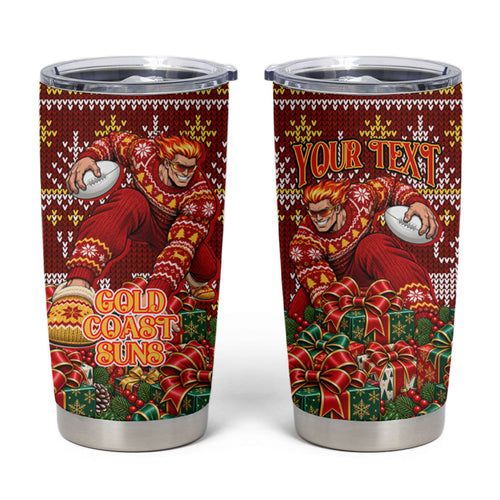 Personalized Gold Coast Suns Football Christmas Tumbler Cup Australian Football Mascot - Ugly Xmas Pattern Festive