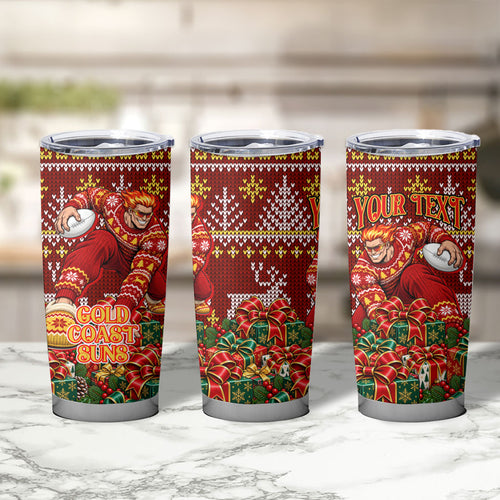 Personalized Gold Coast Suns Football Christmas Tumbler Cup Australian Football Mascot - Ugly Xmas Pattern Festive
