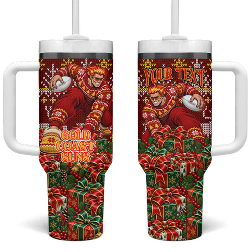Personalized Gold Coast Suns Football Christmas Tumbler With Handle Australian Football Mascot - Ugly Xmas Pattern Festive