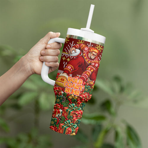 Personalized Gold Coast Suns Football Christmas Tumbler With Handle Australian Football Mascot - Ugly Xmas Pattern Festive