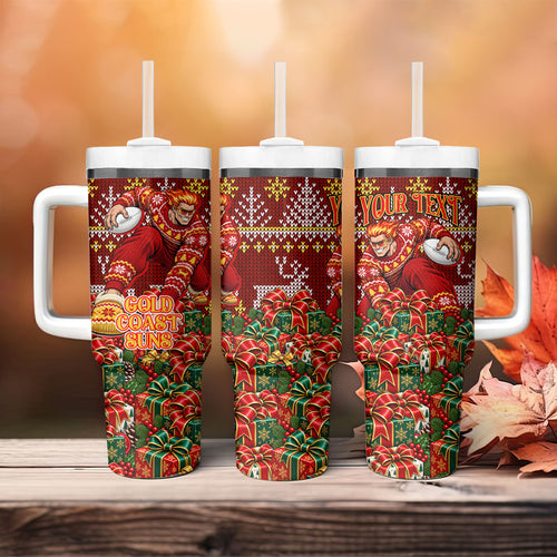 Personalized Gold Coast Suns Football Christmas Tumbler With Handle Australian Football Mascot - Ugly Xmas Pattern Festive
