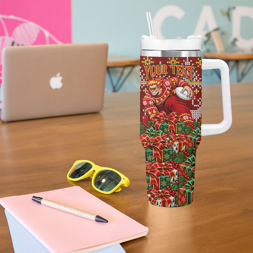 Personalized Gold Coast Suns Football Christmas Tumbler With Handle Australian Football Mascot - Ugly Xmas Pattern Festive