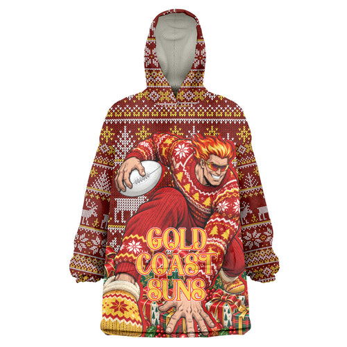 Personalized Gold Coast Suns Football Christmas Wearable Blanket Hoodie Australian Football Mascot - Ugly Xmas Pattern Festive