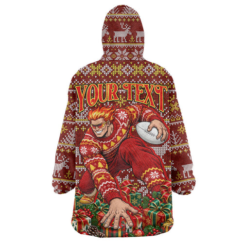 Personalized Gold Coast Suns Football Christmas Wearable Blanket Hoodie Australian Football Mascot - Ugly Xmas Pattern Festive