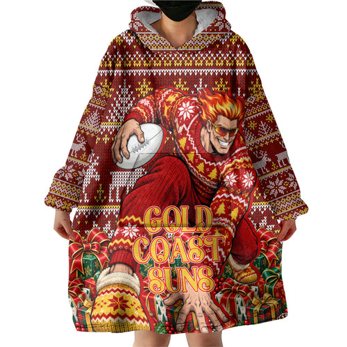 Personalized Gold Coast Suns Football Christmas Wearable Blanket Hoodie Australian Football Mascot - Ugly Xmas Pattern Festive