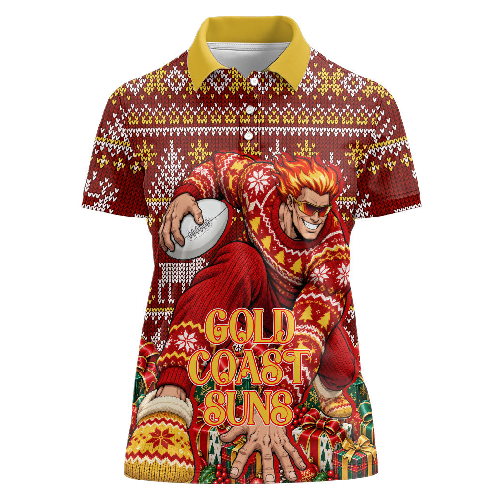 Personalized Gold Coast Suns Football Christmas Women Polo Shirt Australian Football Mascot - Ugly Xmas Pattern Festive