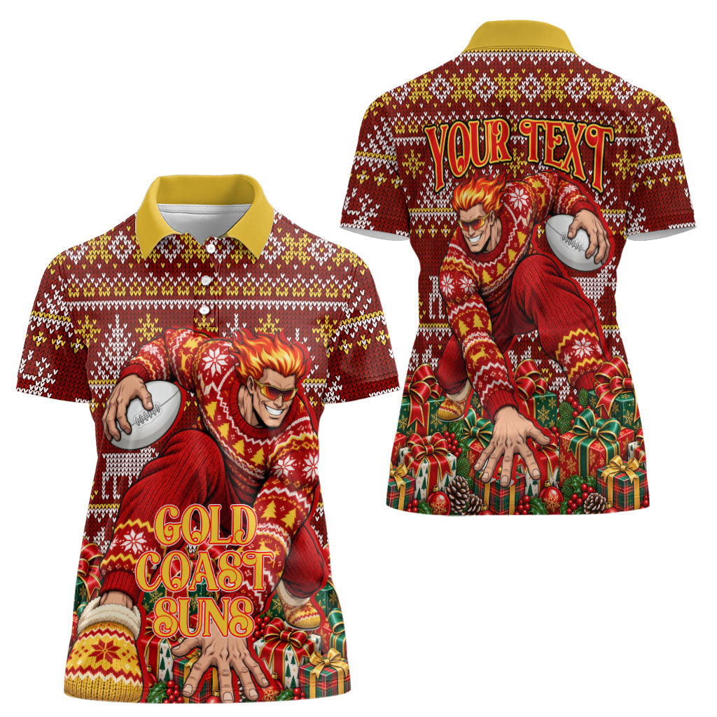 Personalized Gold Coast Suns Football Christmas Women Polo Shirt Australian Football Mascot - Ugly Xmas Pattern Festive