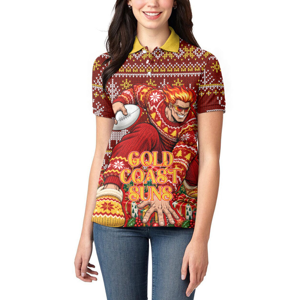 Personalized Gold Coast Suns Football Christmas Women Polo Shirt Australian Football Mascot - Ugly Xmas Pattern Festive